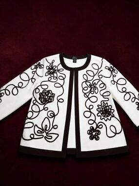 White Brown Floral Cord Embroidered Jacket XL Open Front Statement Layer
